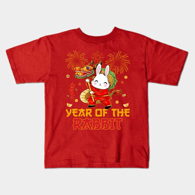 Chinese New Year 2023 Dabbing Rabbit Fireworks New Year Eve Kids T-Shirt by Sandra Holloman